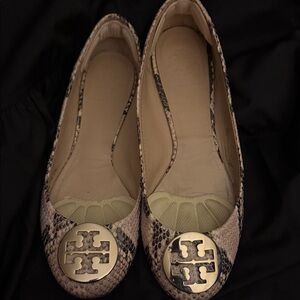 Tory Burch Snake-Print Reva Flats with Gold Logo